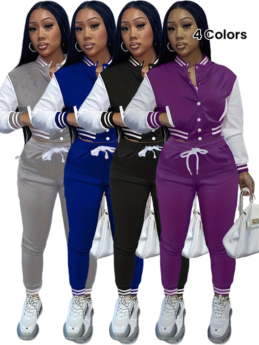 Women'S Casual Baseball Jacket and Pants Set - Solid Color, Long Sleeve, Regular Fit, Two-Piece with Single-Breasted Buttons, Casual |Casual Style|Singlebreasted Jacket