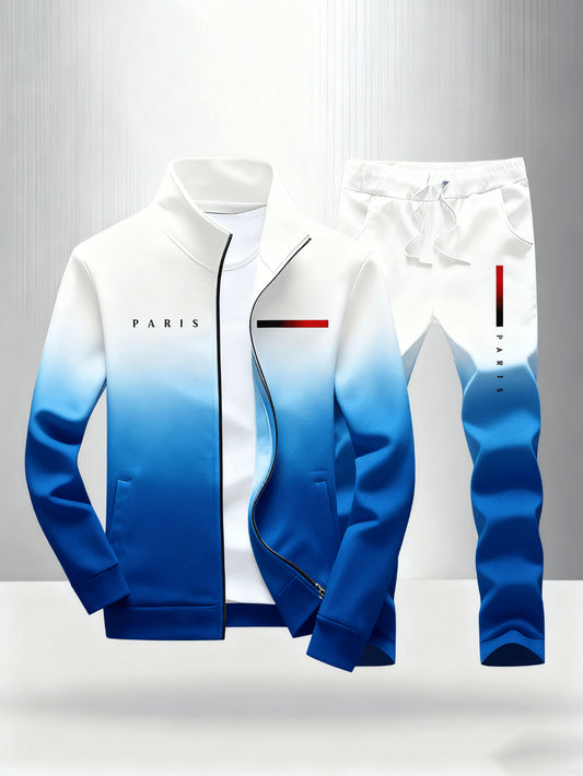 Men Two Piece Set Zip Up Track Jacket with Paris Graphic and Gradient Design Jogger Sweatpants | Fashion Casual Wear, Collared Neck, Pocket Details, Perfect for Fall/Winter, Multiple Colors and Sizes Available