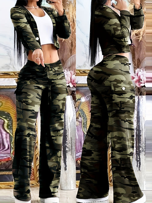 Fashionable Two-Piece Casual Outdoor Camouflage Green Outfit