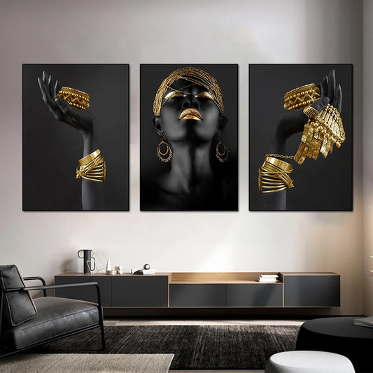 Silver Gold Color African Women Portrait Art Painting Canvas Print Poster Scandinavian Wall Art Picture for Living Room Decor