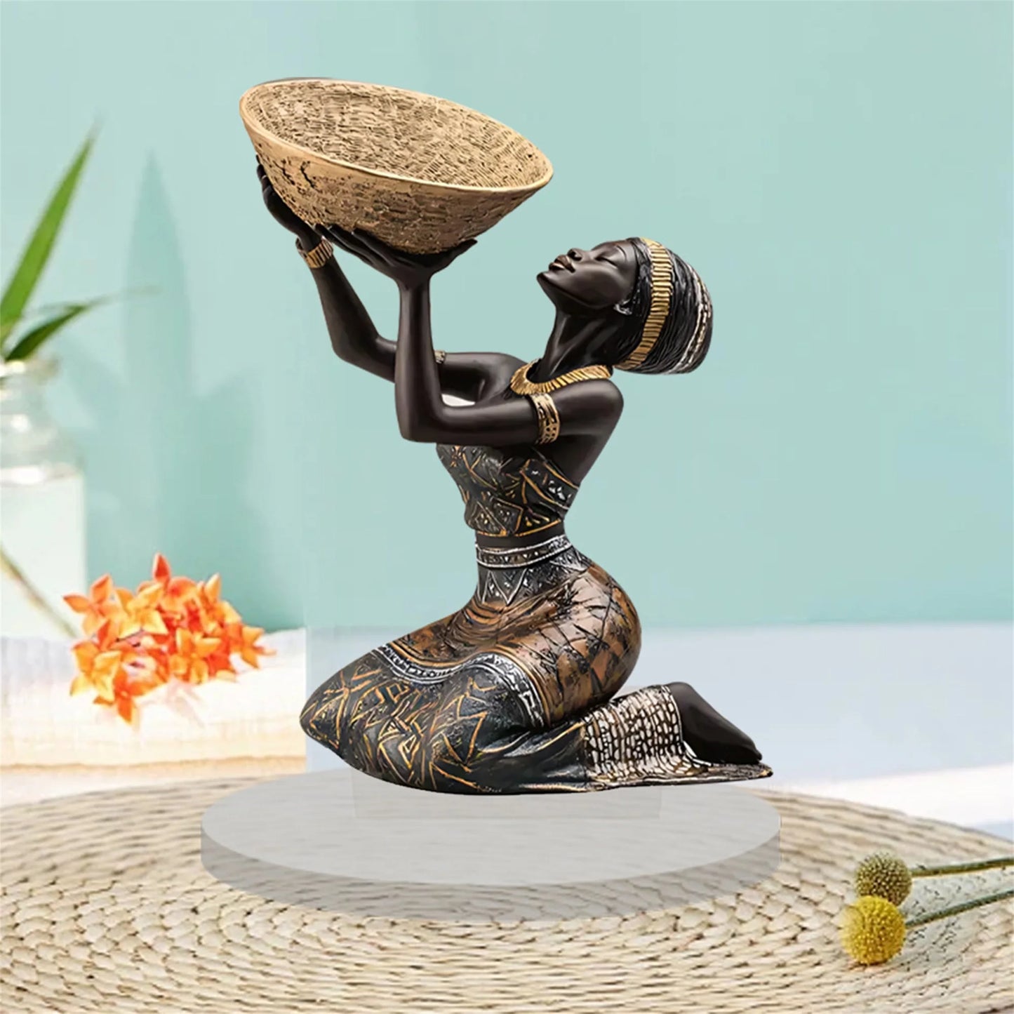 African Tribal Lady Figurine 3D Resin Standing Sculpture Ethnic Art Decor for Living Room Office Gallery Exhibition