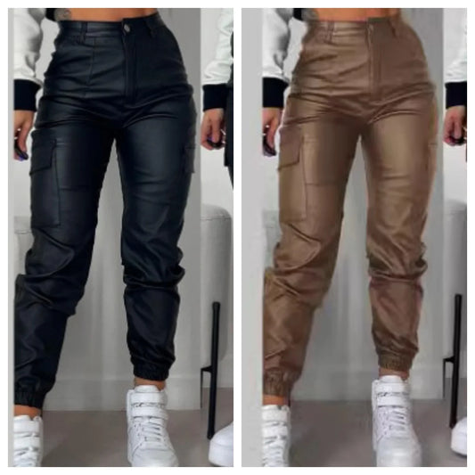 Women's Cargo Pants  Fashion Street Trends Pocket Design Cuffed Y2k Tight PU Leather Trousers Autumn High Waist Pant Female