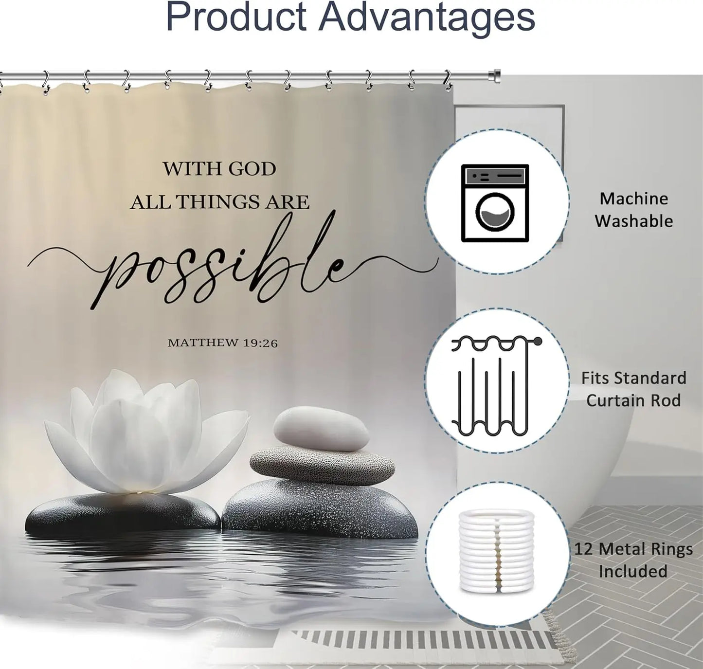 Zen Lotus Spa Shower Curtain  Ink Quotes Meditation Inspirational Motivational Bible Bathroom Set Accessories Decor with