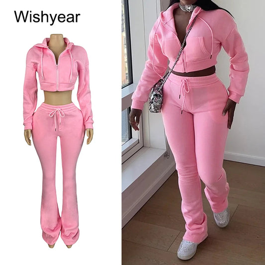 Women's Autumn Fashion Sport Suit Two-Piece Set Hooded Crop Top with Pockets Drawstring Patchwork Pants Streetwear Tracksuit