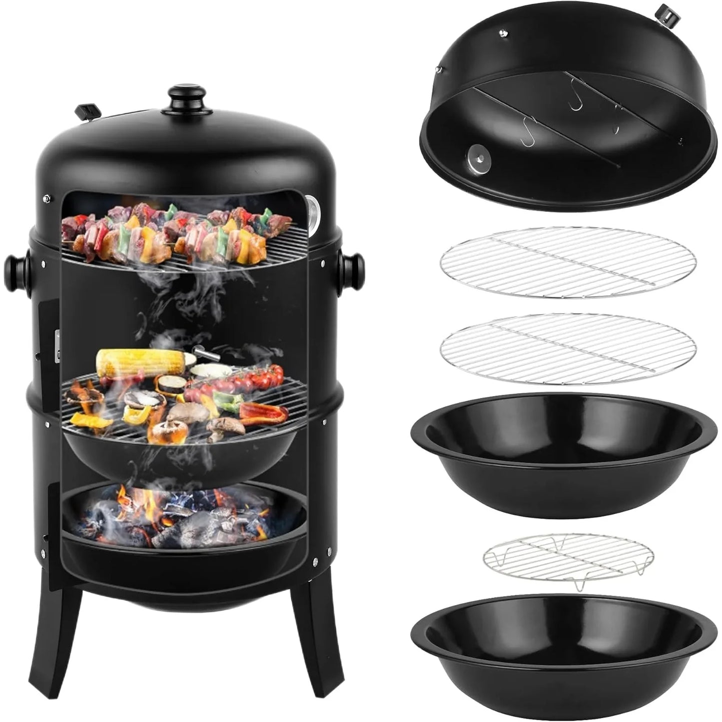 16 Inch Charcoal BBQ Smoker Grill,3-in-1 Portable Vertical Grill Cooker with Built-in Thermometers & Adjustable Vent Systems