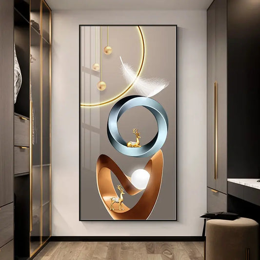 Golden Abstract Deer  Feather Canvas Art  Luxury Geometric Leaf Wall Decor for Living Room and Porch