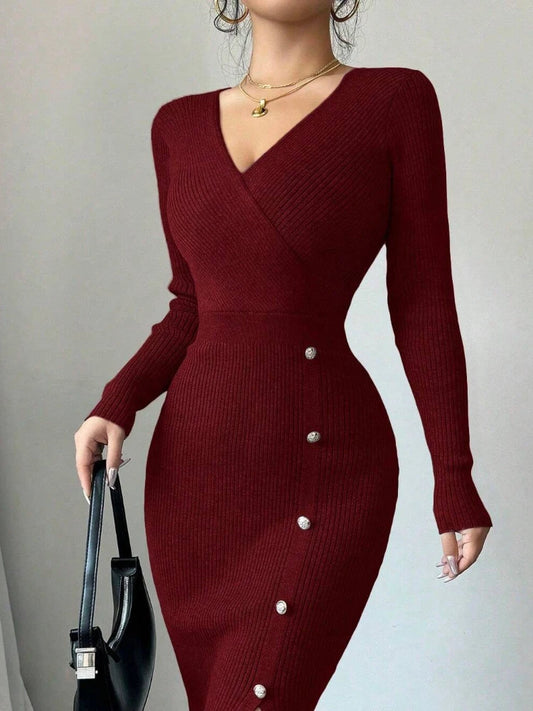 Deep V-Neck Knit Bodycon Dress