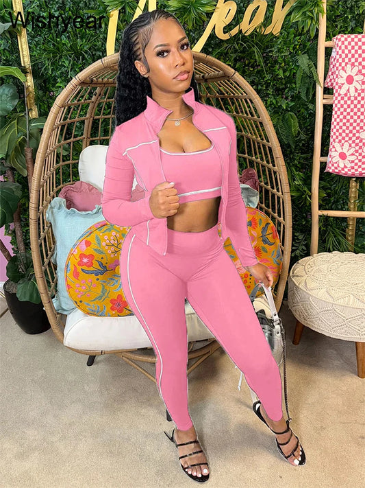 Sports Women's Stripe Pink 3-Piece Pants Set Long Sleeve Crop Top Tank Leggings Skinny Autumn Active Fitness Streetwear Outfits