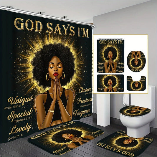 African Girl Prayer 4-Piece Bathroom Set | Shower Curtain,Anti-Slip Mat, Toilet Seat Cover, U-Shaped Mat, Modern Christian Decor