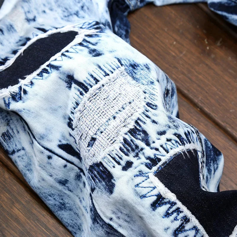 Men's Embroidered Patchwork Ripped Jeans (without Belt) Slim Fashion High Street Motorcycle Denim Pants Male Designer Clothes
