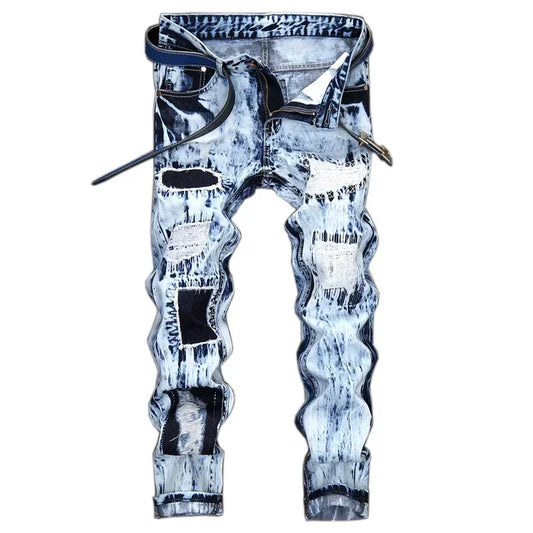 Men's Embroidered Patchwork Ripped Jeans (without Belt) Slim Fashion High Street Motorcycle Denim Pants Male Designer Clothes