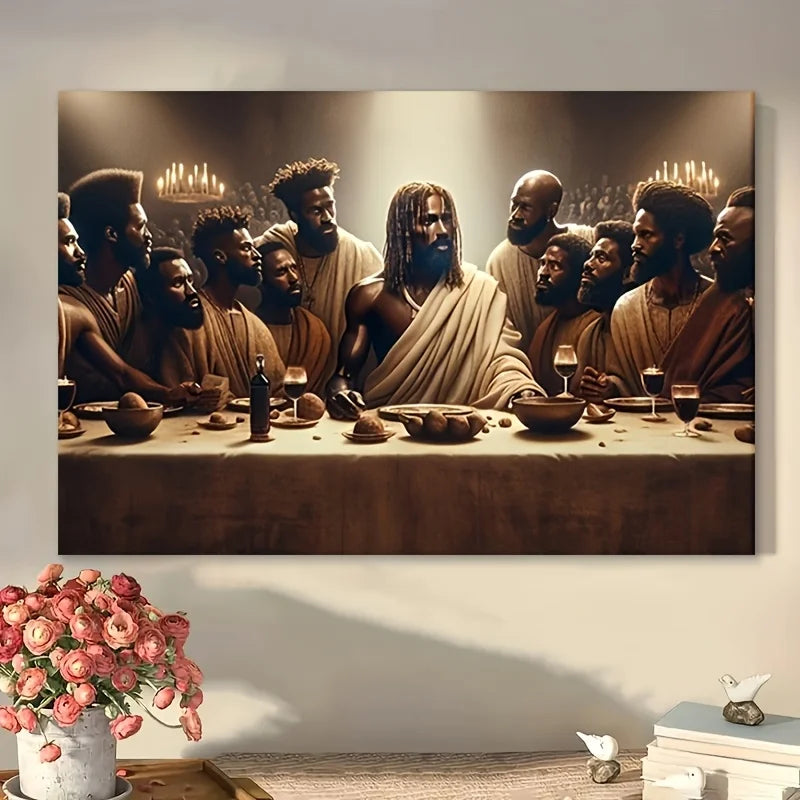 1Pc Framed African American Jesus Last Supper Canvas | Ready-to-Hang Religious Wall Art | Multi-Occasion Gift & Room Decor