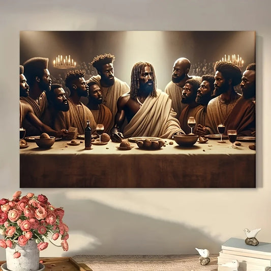 1Pc Framed African American Jesus Last Supper Canvas | Ready-to-Hang Religious Wall Art | Multi-Occasion Gift & Room Decor