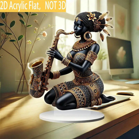 African Lady Figurine Sculpture with Saxophone Musical Instrument Handcrafted Tribal Art Statue for Home Office Decor and