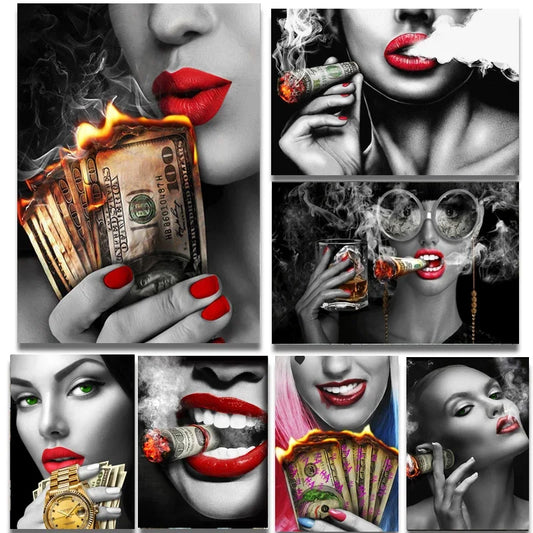 Red Lips Smoking Woman Art Print Canvas Poster  Modern Living Room Wall Decor Stylish Home Decoration Picture
