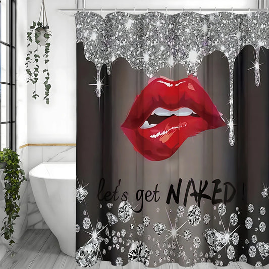 Diamond Glitter Black and Red Lip Shower Curtain, Bathroom Decorative Shower Curtain, Waterproof Shower Curtain with Hooks