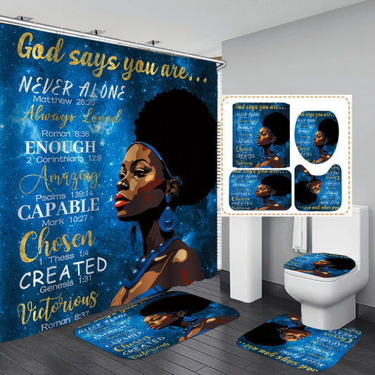 Inspirational 1/4-Piece Bath Set, "God Says You Are" Shower Curtain with Bible Verses, African American Woman Galaxy Design