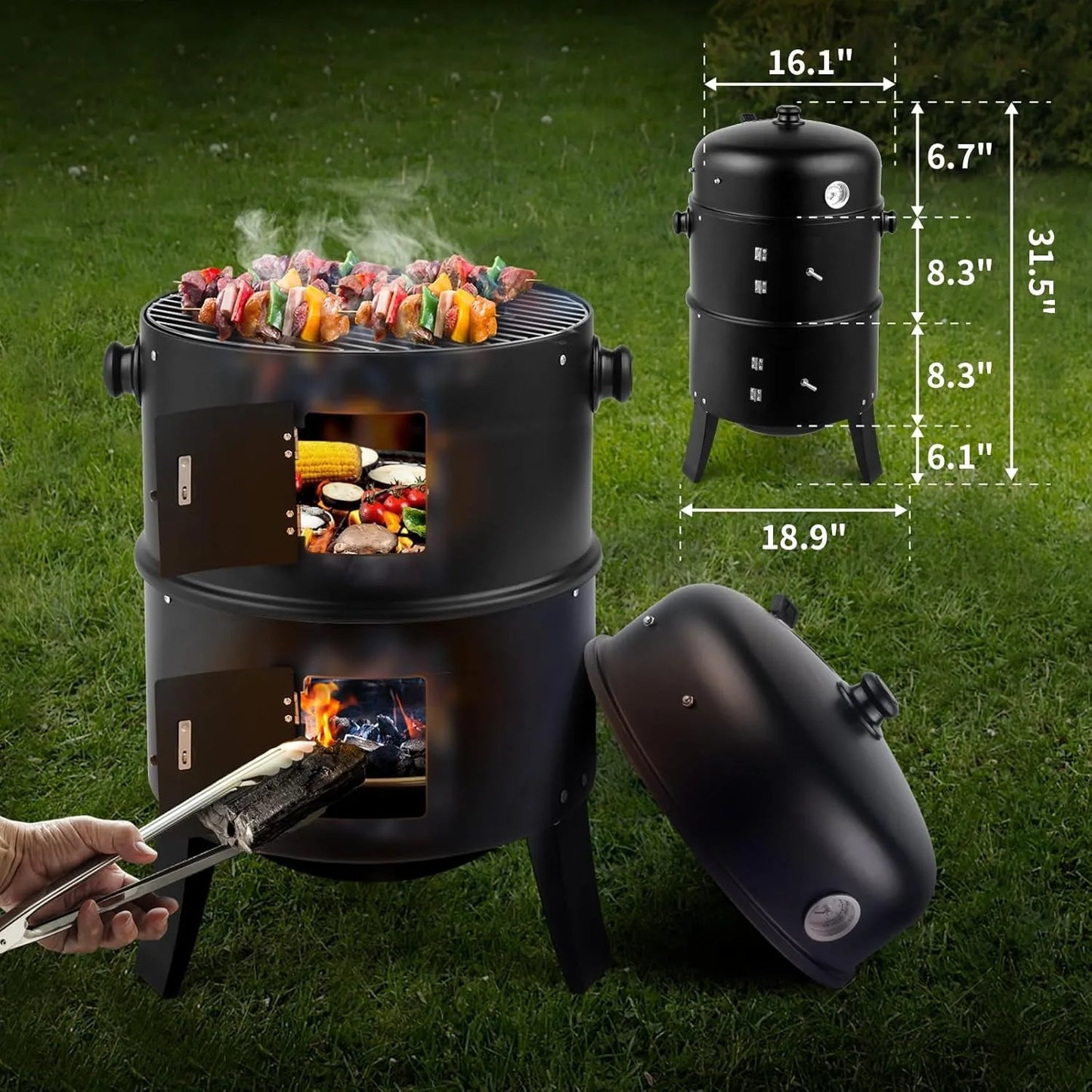 16 Inch Charcoal BBQ Smoker Grill,3-in-1 Portable Vertical Grill Cooker with Built-in Thermometers & Adjustable Vent Systems