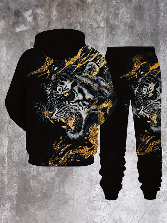 Men's 2pcs Matching Tracksuit - Tiger Stripe Hoodie & Joggers Set - Golden/Black/White Camo Print - Athletic Outfit for Gym, Outdoor Training & Casual Wear - Machine Washable Spring/Fall Sportswear